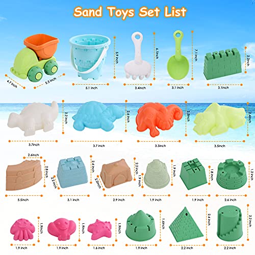 PESUMA Beach Toys for Kids 3-10, 21pcs Sand Toys Including Sand Castle Mold, Bucket, Shovel, Dump Truck, Rake, Mesh Bag Sandbox Toys and Sand Toys for Kids Toddlers Boys Girls Outdoor Indoor Play Gift