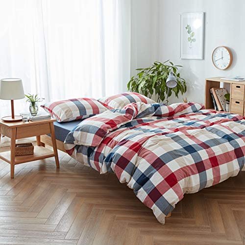 King Duvet Cover Set, 100% Wash Cotton Red Blue Plaid Bedding Sets 3 Piece Geometric Duvet Cover with 2 Pillowcases Zipper Closure for Teens Adults
