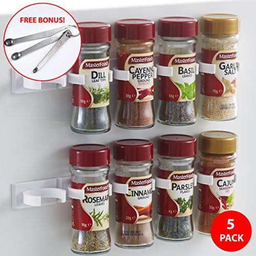 Sunsella 3M Extra Strength Adhesive Spice Clips- Bonus Stainless Steel Measuring Spoons - 5 Strips Holds 25 Glass / Plastic Herb and Spice Jars/ Bottles