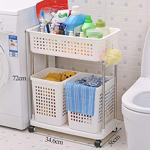 Bathroom storage carts, multi-Tier plastic laundry basket on wheels, multi-functional and practical storage shelves with wheels, white/brown