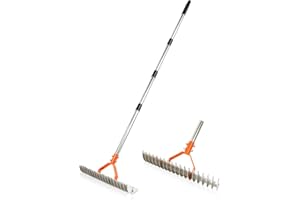 COPIU Thatch Rake, 15 Inch Wide Dethatcher Rake, Robust Lawn Dethatcher for Cleaning Dead Grass, Efficient Steel Metal Rake with Handle, Thatching Rake for Garden,Yard. (Orange)