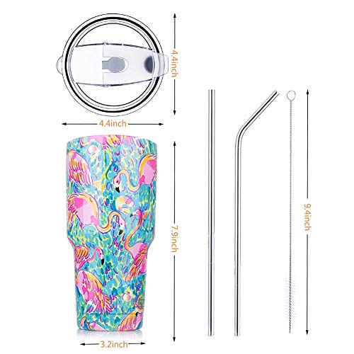 DYNAMIC SE Tumbler Double Wall Stainless Steel Vacuum Insulated Travel Mug with Splash-Proof Lid Metal Straw and Brush (Flamingo, 30oz)