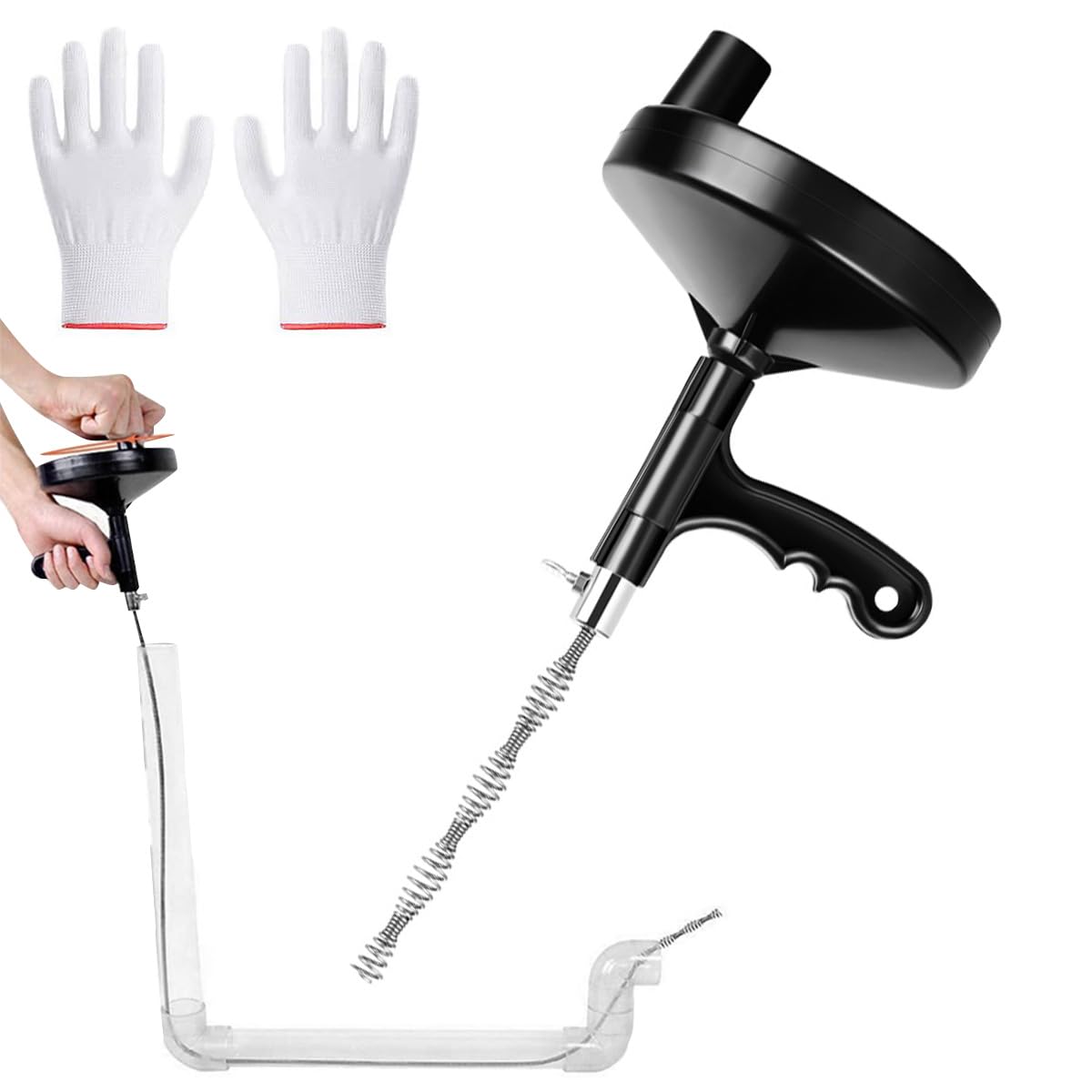 Snake Drain Unblocker Drain Auger, 7.62m Professional Kitchen Sink Unblocker Tool Toilet Drain Unblocker Tools with Gloves, Flexible Plumbing Snake Plug Unblocker for Bathroom/Kitchen Sink