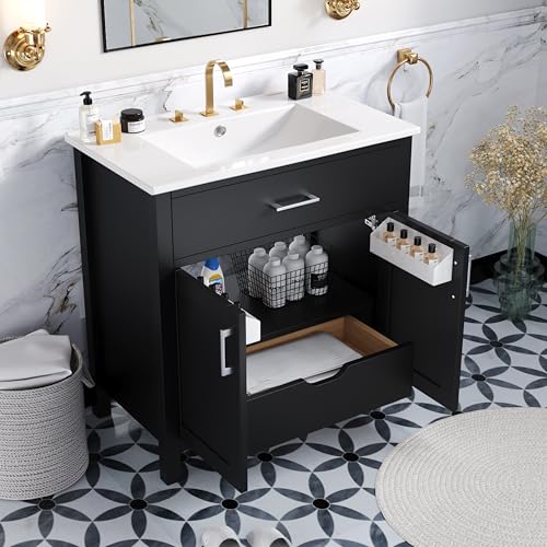 Merax 30-Inch Bathroom Vanity with Ceramic Sink and Ample Storage for Small Bat…