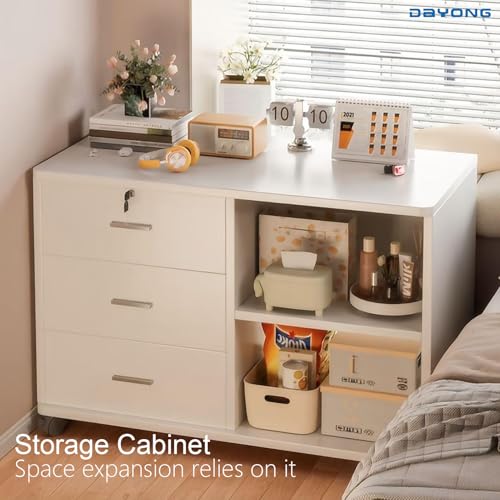 DAYONG Wooden Bedside Table, Modern Nightstand with 3 Drawers & Storage Shelves, Night Stands End Side Table for Bedroom Office, Dorm, Living Room, 60 x 34 x 59 cm (White)