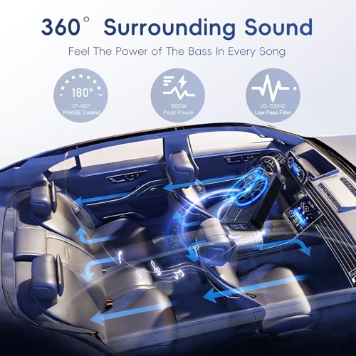 Rimoody Car Subwoofer, 10 Inch, 1000W Max, 400W RMS, Low Profile, Phase Control, 0-180°, Bass Boost 0-18dB, Under Seat Installation with LED Mood Lighting Blue