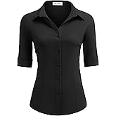 HOTOUCH Women's Basic Button Down Shirts 3/4 Sleeve Stretch Button Up Dress Shirt Slim Fit Waitress Work Shirts