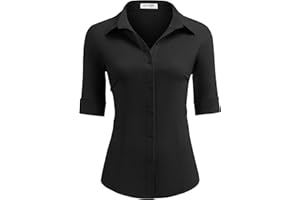 HOTOUCH Women's Basic Button Down Shirts 3/4 Sleeve Stretch Button Up Dress Shirt Slim Fit Waitress Work Shirts