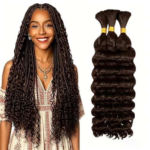 Boho Hair for Braiding - 120G 3 Bundles/Pack Chocolate Brown #4, Wet and Wavy, No Weft, Full, Deep Wave 12A Unprocessed Brazilian Virgin Curly Human Braiding Hair for Knotless Braids at Amazon