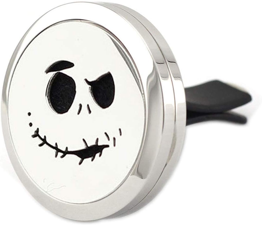 Halloween Car Aromatherapy Essential Oil Diffuser Air Freshener Vent Clip, Skull Ghost Face Stainless Steel 30mm Locket, 11 Refill Pads