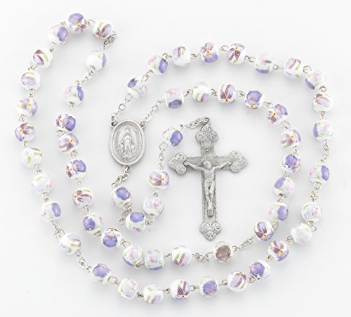 (14 5/18) BERTOF BT-PR-106 Pewter Rosary White/Lavender Glass Flower Beads Beads WITH 100% Pewter Center and Crucifix Hand Made USA Copyrighted Paul Herbert Blessing PEWTARA Series
