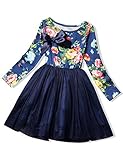 NNJXD Girl Tulle Long Sleeve Printed Bowknot Formal Casual Dress Size 3-4 Years Blue