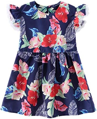 QQ1980s 1-5T Girls Princess Dresses Lace Cuff Flower Print with Back Zip Dress Ethnic