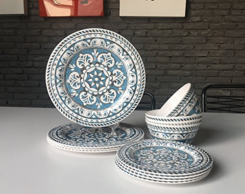 Hware 12 Pcs Melamine Break-Resistant Indoor Outdoor Dinnerware Set Service For 4 Round Pattern,Blue