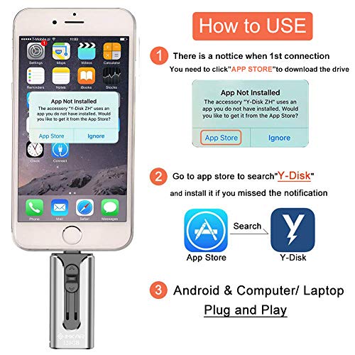 USB Flash Drive 128GB Photo Stick for iPhone, iPhone Flash Drive with 4 Ports, IMKAR iPhone Memory Stick Compatible for iPhone/Android and Computer, iPhone Photo Stick with OTG Adapter - 128GB Silver