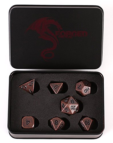 Forged Dice Co. Metal Dice Compatible with RPG games like Dungeons and Dragons, DnD, and Pathfinder (Bronze w/ Black Numbers Set of 7 Polyhedral w/ Tin, Set of 7 Polyhedral w/ Tin)