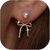 Bow Earrings for Women 14k Gold Plated Trendy Ribbon Stud Earrings Pearl Huggie Ribbon Earring Statement Wedding Prom Jewelry