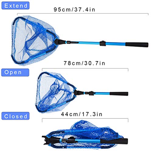 CAPACI Protable Fishing Landing Net Foldable Collapsible Telescopic Aluminum Pole Handle and Safe Fish Catching or Releasing for Durable and Nylon Mesh Bule 95cm/3.2ft (Blue (95cm/3.2ft))