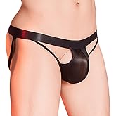 Kinizpl Men's Jockstrap Sexy Thong Bikini Briefs See Through Jockstrap Low Rise Bulge Pouch Thong Underwear Shiny Oil Glossy G-String Underpants Black