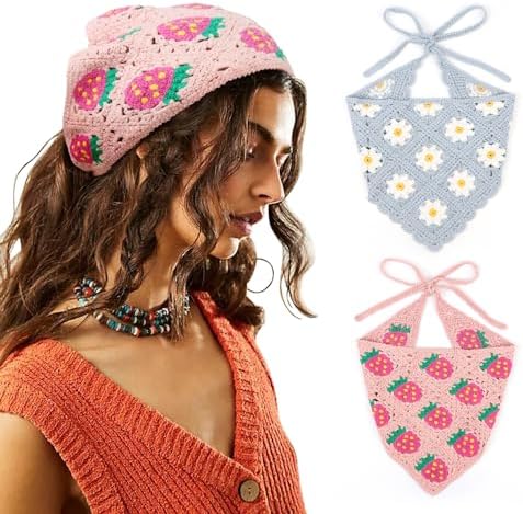 Crochet Bandanas for Women - 2PC Heart Headwraps Hair Scarf Kerchief AWAYTR Crochet Bandana Head Kerchief Hair Scarf 2Pcs Knitted  main image 4