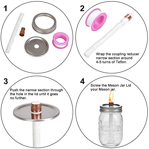 Browill [3 Pack] Mason Jar Table Top Torches Set, Oil Lamp with 3 Fiberglass Wicks, 3 Mason Jar Lids(2.75-inch), 3 Coupling Reducer, 1 Teflon Cap, for Tiki Torch Kits Outdoor Backyard Lighting Decor - Thumbnail 2