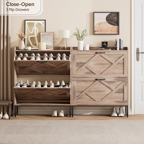 Nicetree Shoe Cabinet with 2 Flip Drawers, Narrow Shoe Storage Cabinet with Metal Legs, Farmhouse Slim Shoe Organizer Cabinet for Entryway, Hallway, Foyer, Toasted Oak