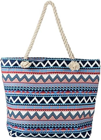 Beach Bag for Women, Sturdy and Roomy Shoulder Tote, Large, Anthic Wave Stripe - Retro Navy Blue