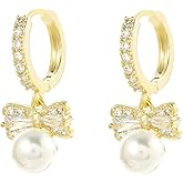 MIKAMU 14K Gold Ribbon Bow Stud Hoop Earrings for Women CZ cubic zirconia Dainty Gold Plated Pearl Earring for Women Jewelry