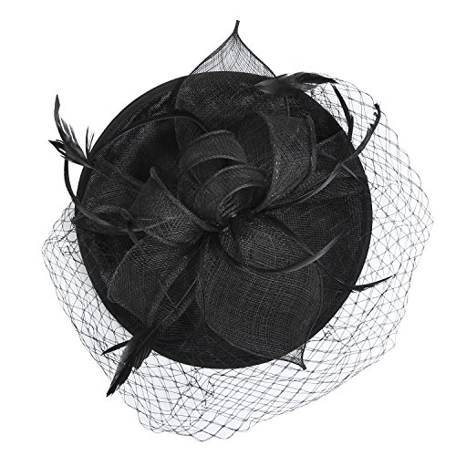 Acecharming Fascinators for Women, Feather Sinamay Fascinators with Headbands Tea Party Pillbox Hat Flower Derby Hatsï¼ˆBlack-10ï¼‰