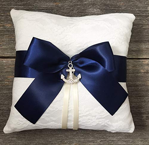 Nautical Ivory Lace Navy Satin Bow Rhinestone Anchor Wedding Bridal Ring Bearer Pillow - Thumbnail 2