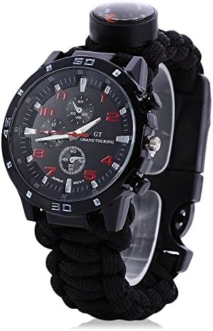outdoor Waterproof Survival Paracord Bracelet Watch With Compass Flint Fire Starter Scraper Gear. (black)