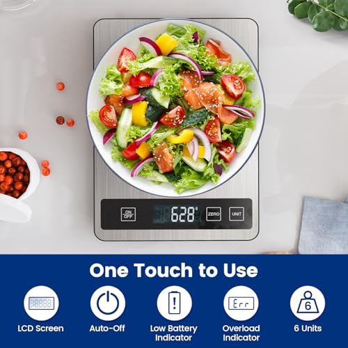 【15KG/33 lb & USB Rechargeable】 Digital Kitchen Food Scale Kitchen Scale, Stainless Steel Digital Weight Grams and Oz, Baking and Cooking, 0.1oz /1g Precise, 6 Weight Units (A)