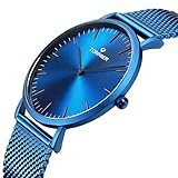 Tonnier Deep Blue Stainless Steel Band Slim Mens Watch Quartz Ocean Depths Blue Watch Face for Men