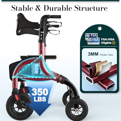 HolyHeal Walkers for Seniors, Rollator Walker with Seat and Backrest, 10" Big Wheels All Terrain, Rolling Walker Foldable Supports 350lb, Lightweight & Height Adjustable, Cane & Cup Holder, Burgundy