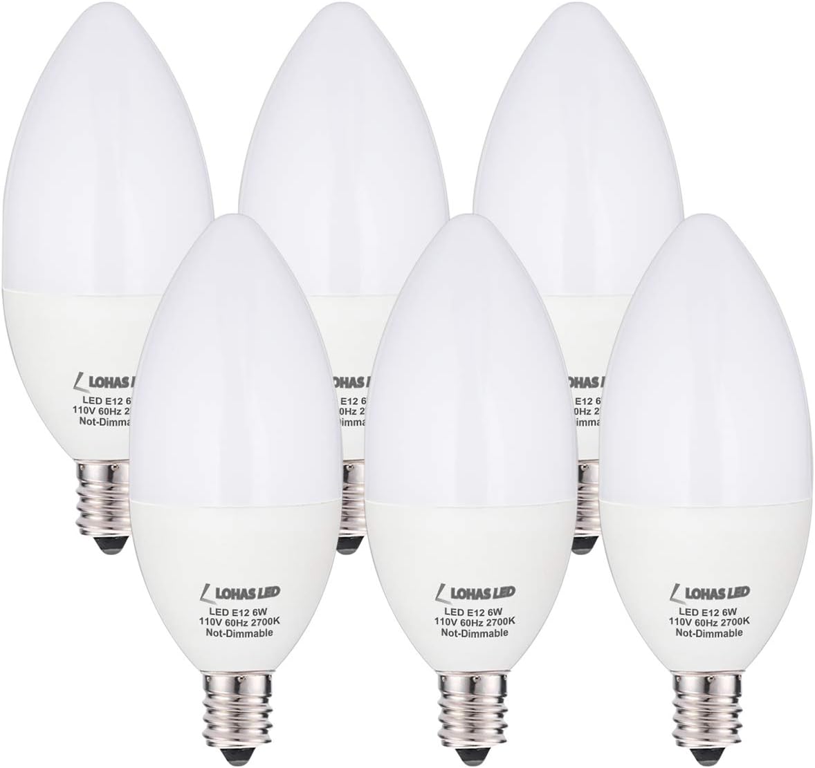 6Watt Candelabra LED Bulb, LOHAS E12 Light Bulb Candelabra Base 60W Equivalent, Warm White 2700K Lights Ceiling Fan Lighting 120V, Not Dimmable, 550 Lumen, Candle Shape, Energy Saving Lighting(6Pack)
