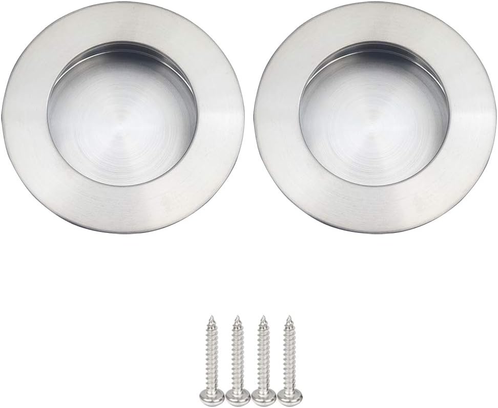 NewZC 2 Pack Flush Recessed Sliding Round Door Pull Handles Hidden Finger Pull Handle Satin Brushed Stainless Steel Inset Cupboard Handle for Drawer Wardrobe Closet Barn Door