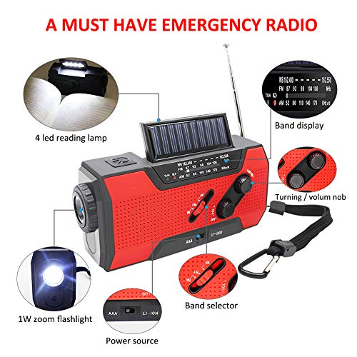 NOAA Weather Radio Hand Crank Solar AM FM 2000mAh Power Bank Emergency Weather Alert LED Flashlight Reading Lamp SOS Alarm with Emergency Blanket (RED) - Thumbnail 3
