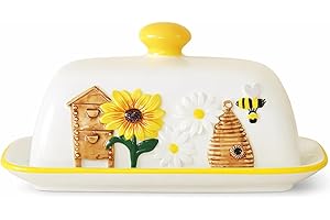Ceramic Butter Dish with Lid and Tray, Butter Container with Bee and Honeycomb Design, Farmhouse Style Butter Keeper, 9 x 5 x