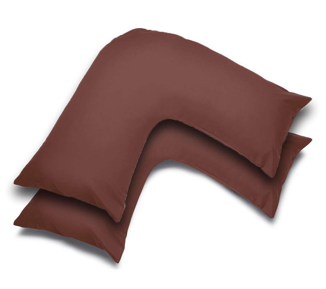 mFabrics Pack of 2 | Poly-Cotton Plain Dyed V Pillow Covers | UK V-Shaped Pillowcase Pair (Chocolate)