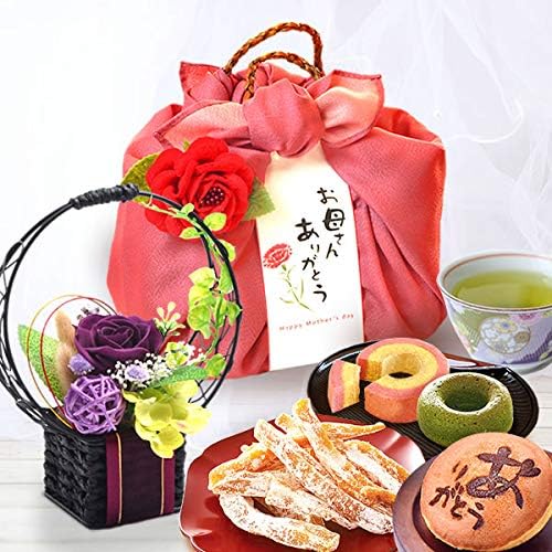 Amazon 母の日 の プレゼント バラ おいもやどら焼き 花とスイーツ プリザーブドフラワー アレンジメント 母の日ギフト 編み籠風呂敷付 紫 おいもや 和菓子ギフト 通販