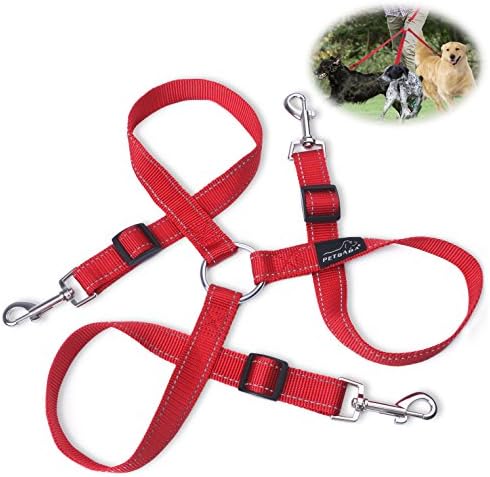 PETBABA 3 Dog Lead Splitter, Reflective Triple Leash Safety at Night Walk, 50cm Adjustable Three Way Coupler, Durable Nylon Coupler Suitable Train Pet in Red