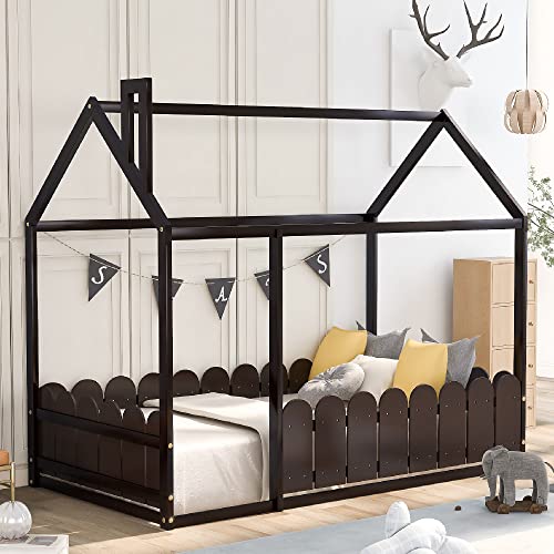 MERITLINE House Bed for Kids, Wood Full Floor Bed with Roof and Fence