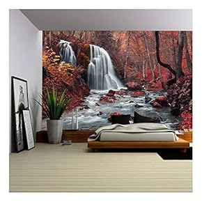 Beautiful Waterfall in Autumn Forest. Silver Stream Waterfall. Autumn Forest in Crimea - Removable Wall Mural | Self-Adhesive Large Wallpaper - 66x96 inches