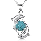 ZPMMPZ Dolphin Necklace 925 Sterling Silver Two Dolphins Pendant Genuine Natural Turquoise Jewelry Gifts for Women