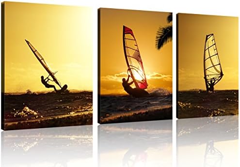 QICAI 3 Panel Windsurf at Sunset Canvas Print, Ready to Hang 12"x16" Surf Canvas Sailboat Canvas Art Sailboat Pictures for Home Decor Sailboat Wall Art Seascape the Pictures for Home Decor Decoration