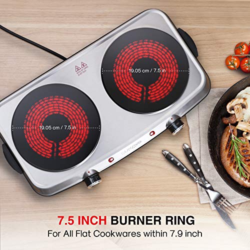 SUNAVO Electric Infrared Burner, 1800W Ceramic Glass Hot Plate, 6 Power Levels Stainless Steel Double Burner for Kitchen Camping RV and More - Thumbnail 3