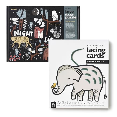 Wee Gallery Fine Motor Practice Bundle - Night Life Floor Puzzle, 24 Large Pieces, Durable Jumbo Jigsaw Floor Puzzles - Jungle Animals Lacing Cards for Toddlers, Sewing Board, Preschool Toys