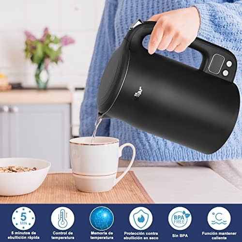Chaleira de aço inoxidável 1.7L 304 com 11 temperaturas, proteção contra fervura seca de 1800w, dupla proteção contra escaldação, controlo de precisão LED 40°C-100°C
