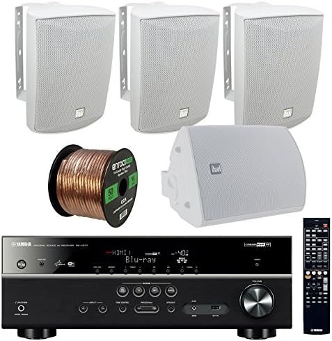 Yamaha RX-V577 - 7.2-Channel Home Theater Bluetooth USB Receiver with Wi-Fi &amp; Apple AirPlay Bundle Combo With 4x Dual Indoor/Outdoor 125W 3-Way 5-1/4" White Box Speakers + Enrock 50Ft 16g Speaker Wire