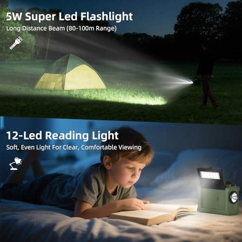 Solar Radio, AM/FM Crank Radio with 12000mAh Power Bank for Smart Phone Emergency Charging, 5 Charging Methods, Headphone Jack, SOS Alarm for Camping, Emergency